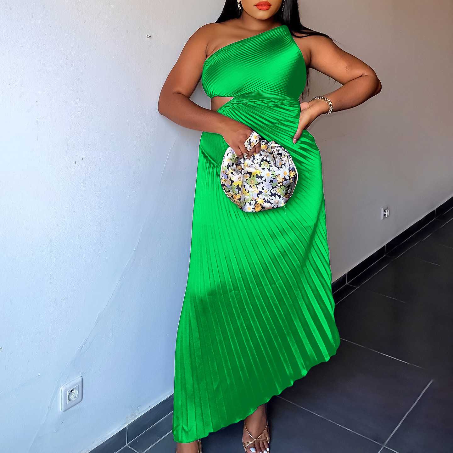 green emerald velvet dress Green One Shoulder Pleated Charmeuse Gown with Slit