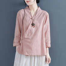 两种袖长文艺斜襟盘扣衬衫女长袖春装中国风汉服上衣茶服2025春夏