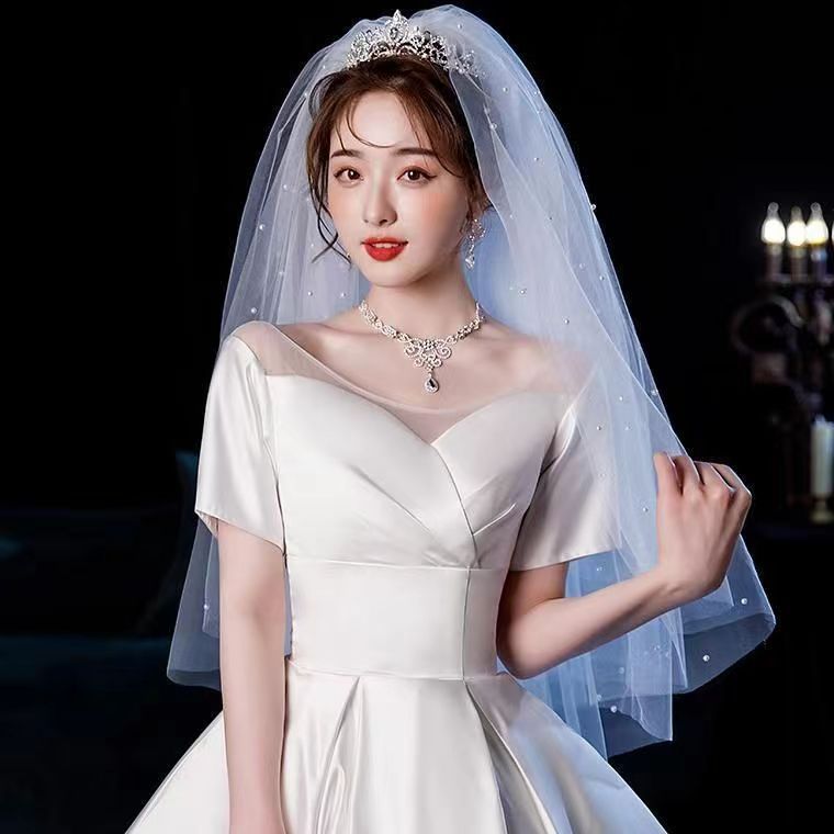 Bridal veil, main wedding dress, pearl puffy style, wedding headpiece, fairy-like, forest-themed, champagne-colored cover, double-layer