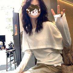 假两件披肩长袖T恤女2025早秋新款韩系简约设计感显瘦百搭上衣