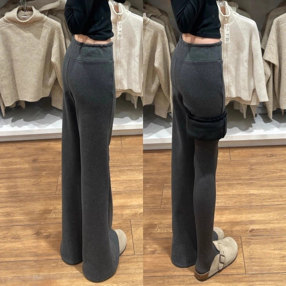 Dark Gray Lulu Style Fleece-Lined Flared Pants for Women, Autumn and Winter New Slim Fit Drape High-Waisted Casual Sweatpants