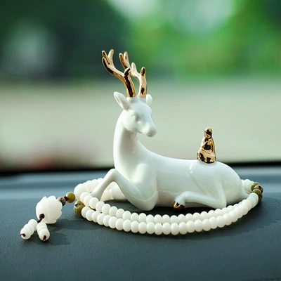 Decorations Safe Journey Deer – Car ornaments - send-anti-skid-mat-lying-deer-golden-buddha-white-jade-bodhi-gear-beads