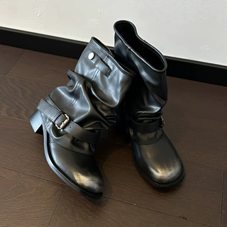 牛皮版时尚复古裤管靴女百搭显瘦堆堆靴皮带扣显瘦短筒西部骑士靴