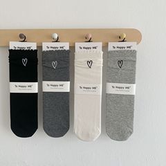 miu風刺繡愛心堆堆襪春秋款豎條襪子女無骨芭蕾舞風簡約中筒棉襪