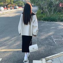 宽松温柔风黑色半身裙两件套秋冬毛呢外套韩版套装女学生娃娃领