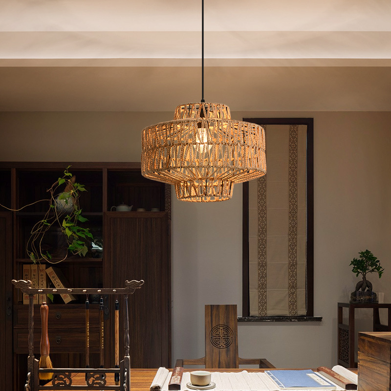 Araña de ratán japonés Zen sala de té tienda de ropa nuevo restaurante chino restaurante de olla caliente B & B Balcón de ratán lámpara de cuerda de cáñamo