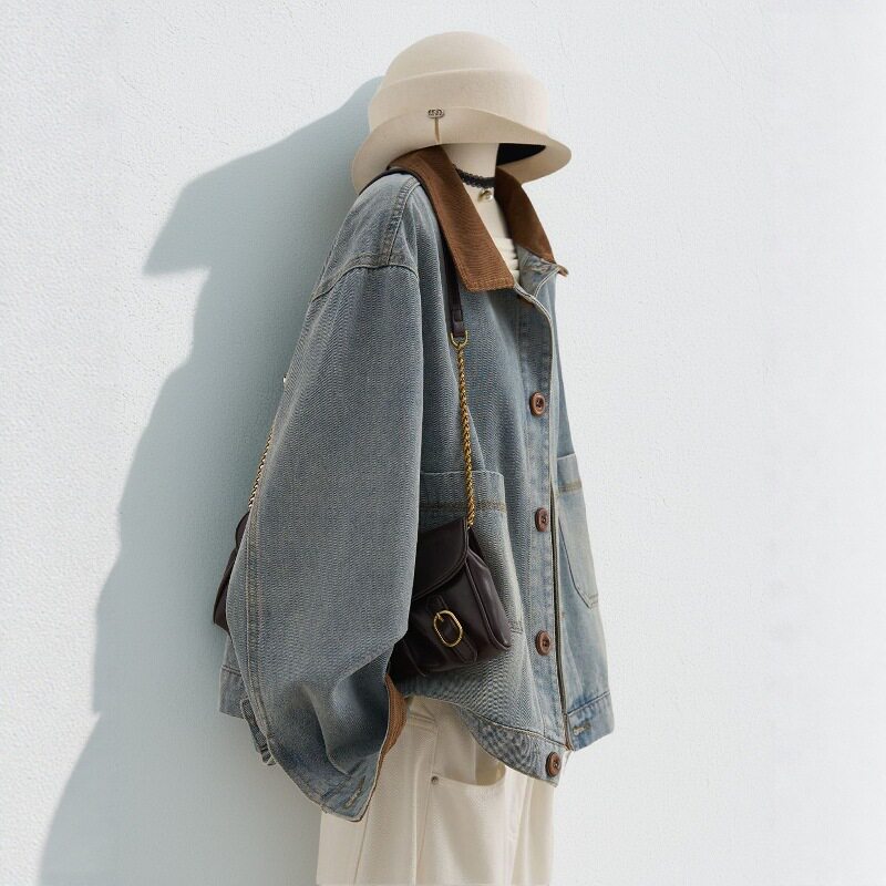 Áo khoác denim ngắn nữ dáng ôm, tay dài, cổ áo màu tương phản, phong cách Hàn Quốc — màu xanh denim chi tiết 4