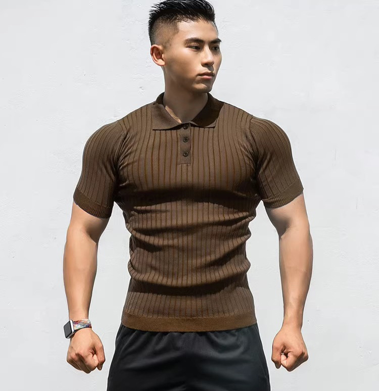 Pull d'été en maille à manches courtes pour homme mûr, coupe ajustée, style business, bouton de revers, mode américaine_voghion.com