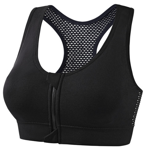 Mesh Hollow-out Front Zipper Sports Bra Women's Shock Absorption Vest Running Yoga Fitness Bra Beautiful Back Gathered Large Size 