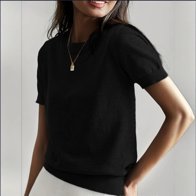 Cross-Border Tk Amazon Hot-Selling 25 Summer-Autumn New Round-Neck Short-Sleeve Thin Knit Top Loose Casual Women's Shirt