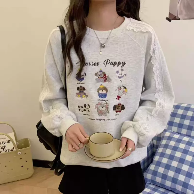 韩系慵懒风小狗刺绣圆领卫衣女秋季2025新款蕾丝花边灰色无帽上衣