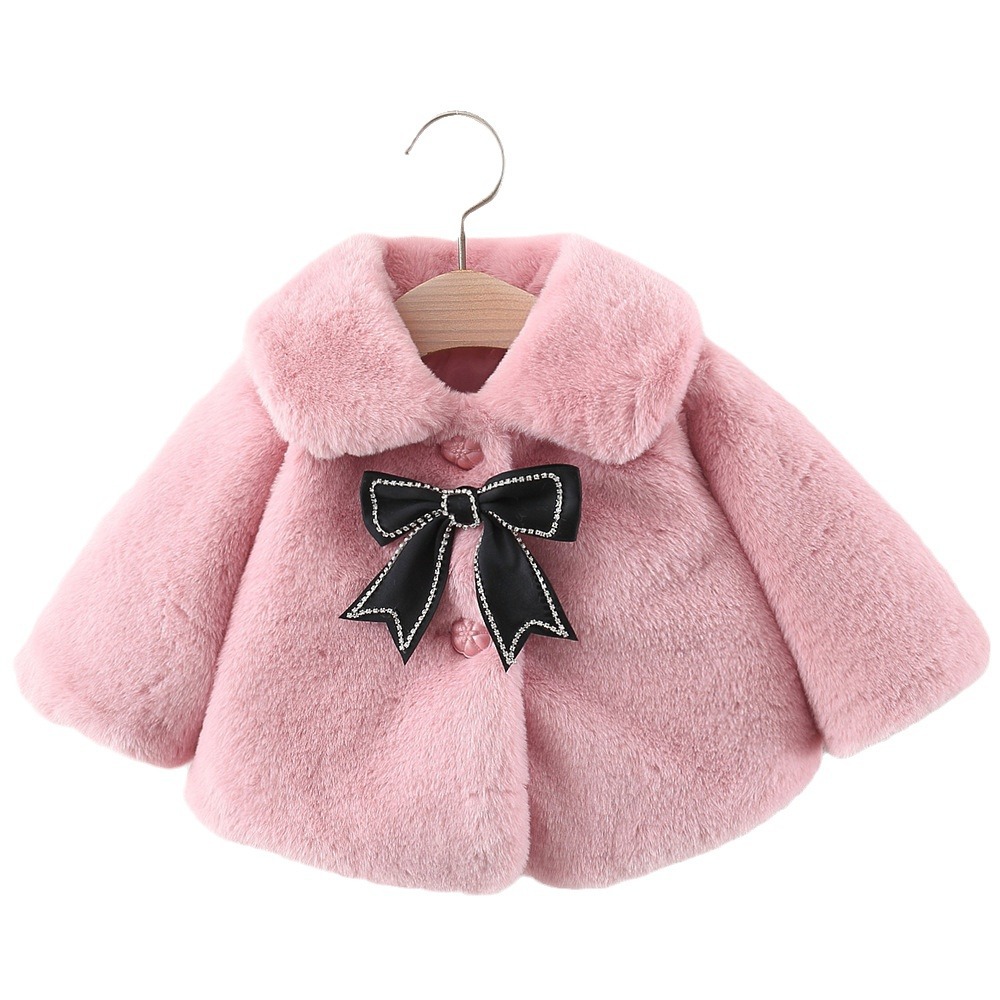 Autumn and winter new children's clothing solid color rabbit with black bow fur lapel, girls' shawl_voghion.com