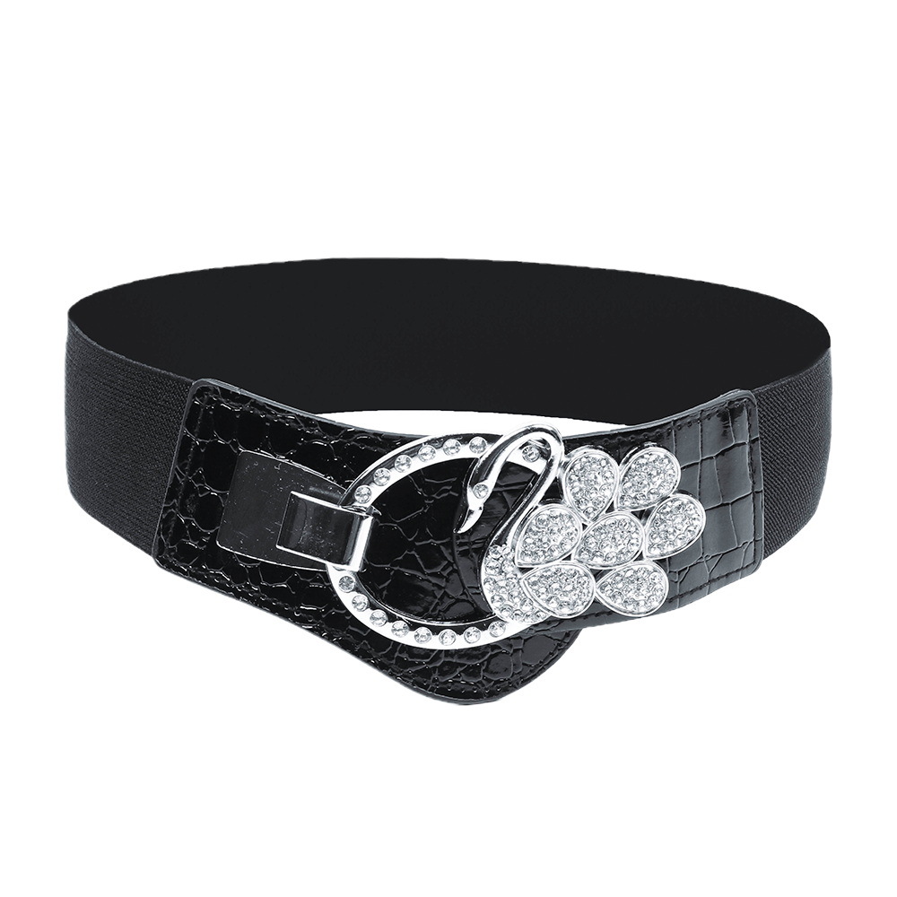 Cintura larga elastica nera alla moda da donna con decorazioni di diamanti, vestito, cappotto, chiusura in vita, strass, ragazza alla moda e paffuta_voghion.com