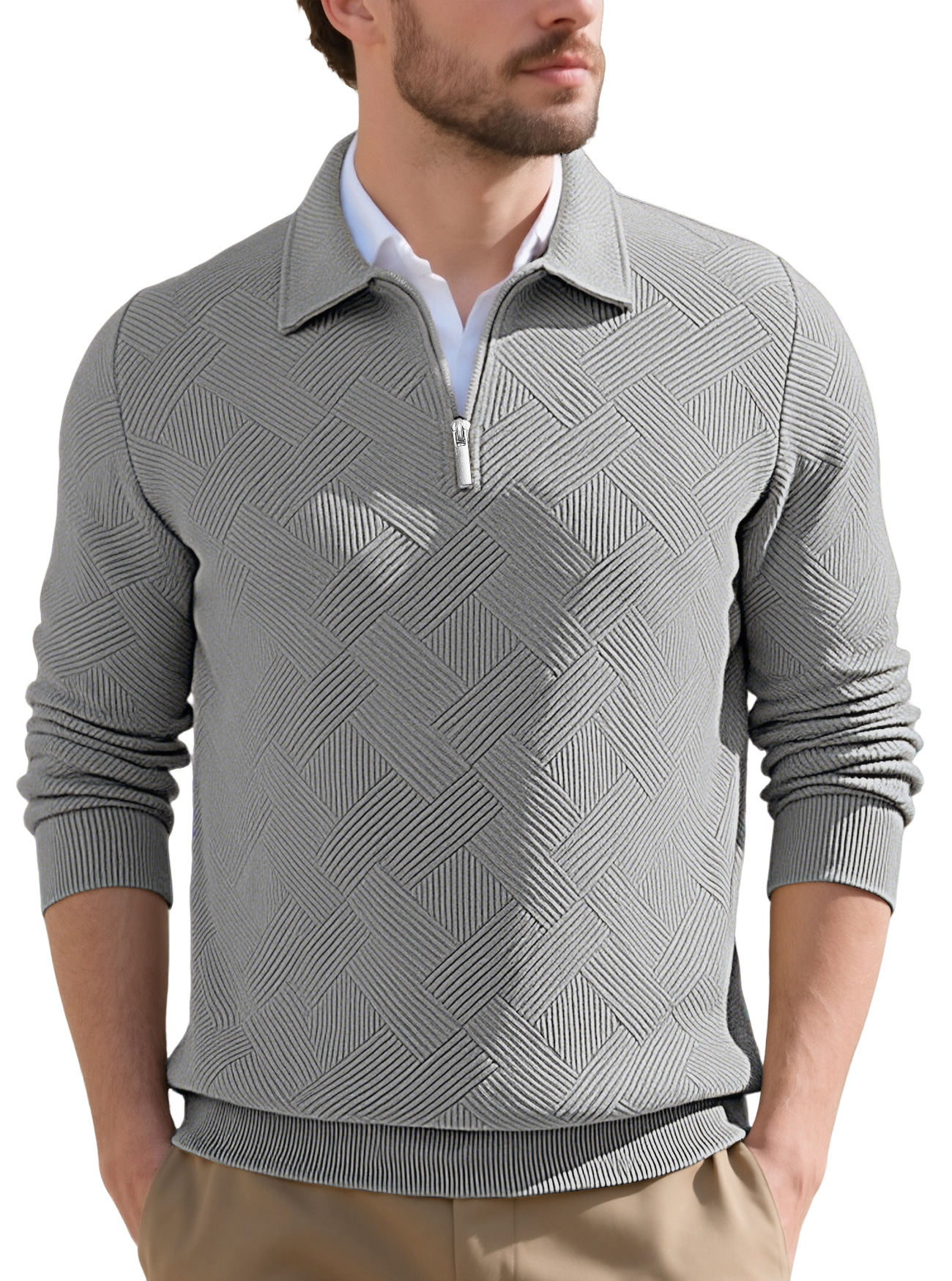 Transfronterizos Europa y América Amazon American otoño nuevo hombre retro jacquard manga larga con solapa media cremallera camiseta casual