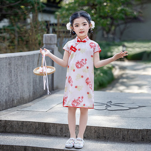 Longfeng Summer Girls Short-sleeved Cheongsam Children's Skirt Subnet Red Tea Art Baby Dress Ethnic Style Activity Fairy