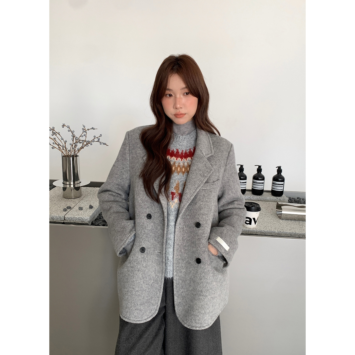 衣尔衫 智感 70羊毛气质西装领双面呢外套女双排扣高级感大衣0697