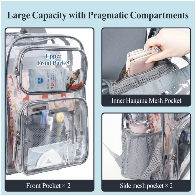 Amazon venta en caliente bolsa de almacenamiento transparente gran capacidad mochila de PVC impermeable mochila unidireccional mochila escolar