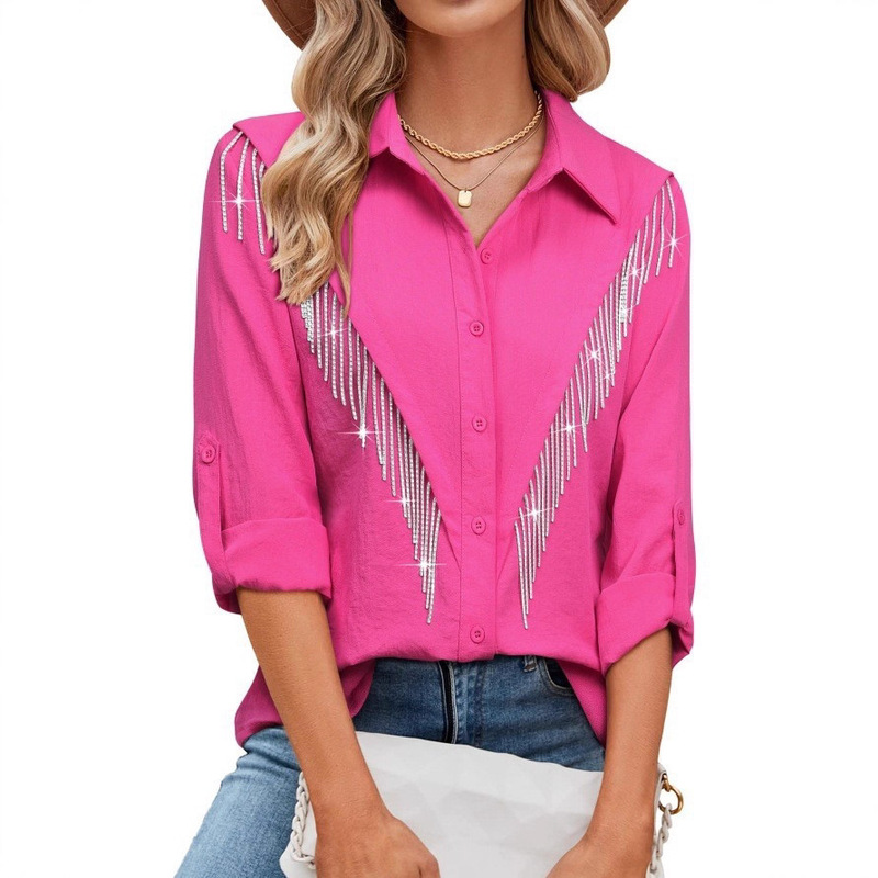 Cross-Border European and American 2025 New Autumn and Winter Solid Color Lapel Long-Sleeved Tassel Shirt