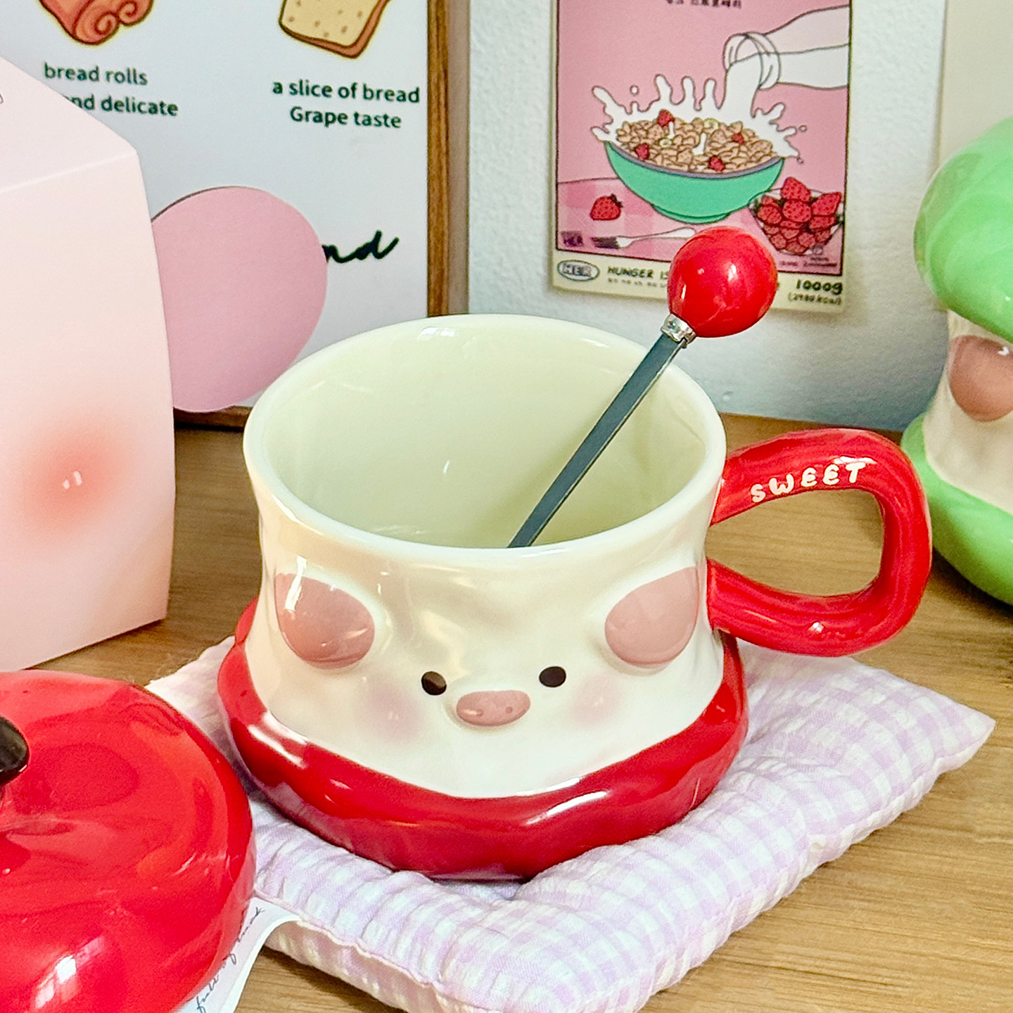 Hermosas tazas de cerámica de cerdo de manzana con tapa taza de regalo de cumpleaños taza de agua casera taza de regalo de navidad taza