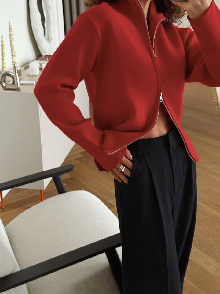 Áo khoác cardigan len dệt kim cổ đứng khóa kéo hai chiều dài tay — Màu nâu cà phê, Màu trắng, màu đen, màu đỏ chi tiết 10