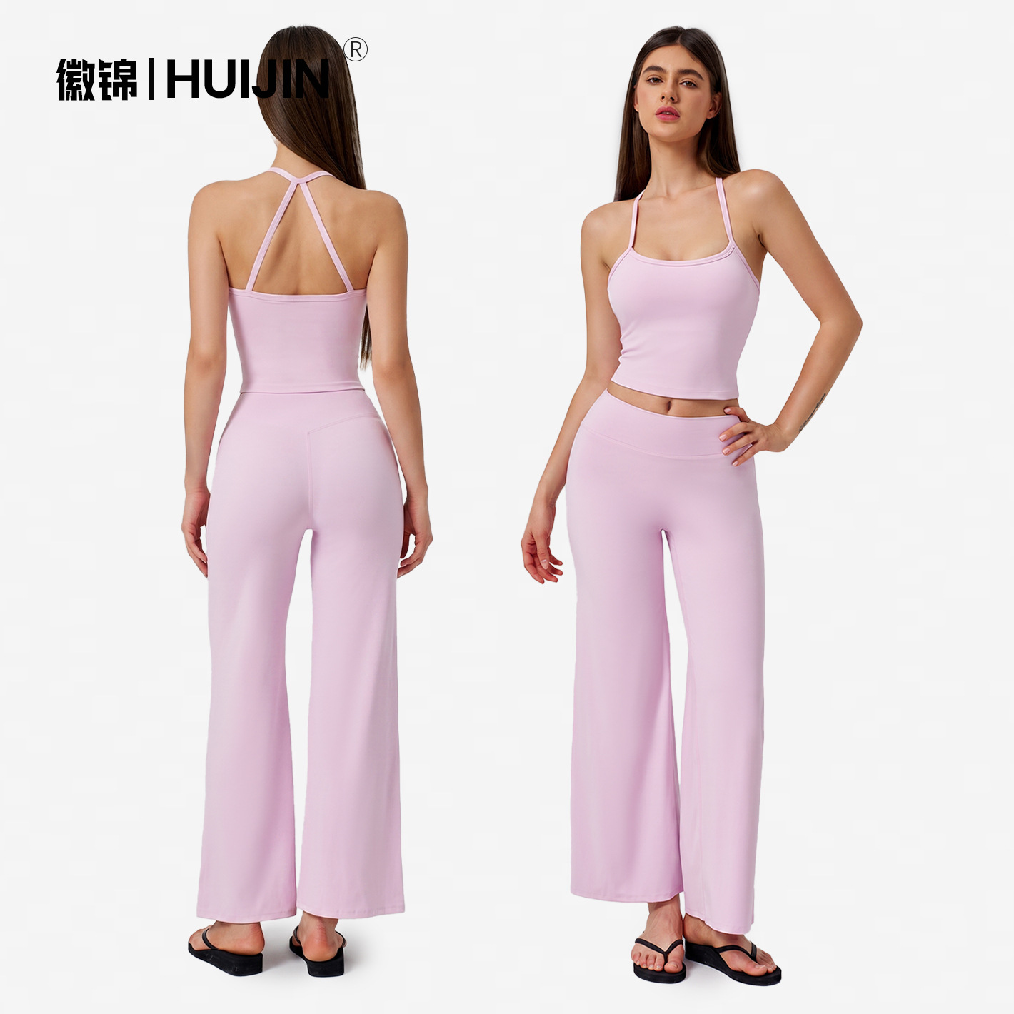 Cross-border bestseller: Women's two-piece set with cross-strap wide-leg pants and short tank top, high-waisted, drapey, casual sports yoga set