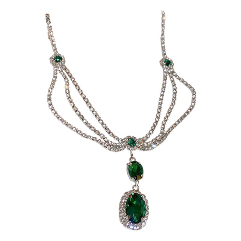 Aguja de plata diamante-incrustado multi-capa collar pendientes traje europeo y americano estilo retro Esmeralda Zircon de alta calidad temperamento joyería para las mujeres