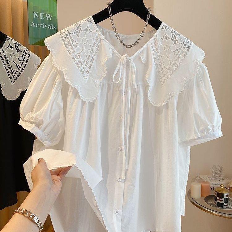 Plus-Size Women's Extra-Large Size 150kg Hollow Lace Doll Collar Shirt, Loose Fit with Tie, Slimming Loose Short-Sleeve Top
