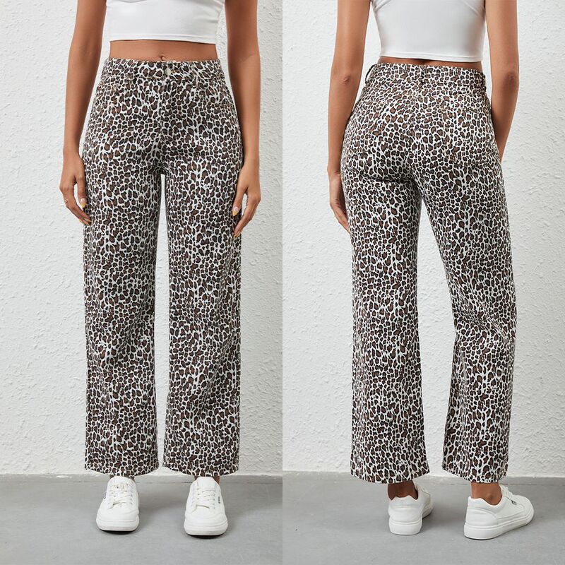 Independent Station 2025 Cross-Border Ebay European and American Autum Casual Loose Leopard Print Women's Denim Pants 066