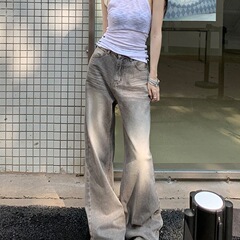 摩卡灰色高腰宽松垂感牛仔裤女2025年秋季新款百搭波纹灰阔腿长裤