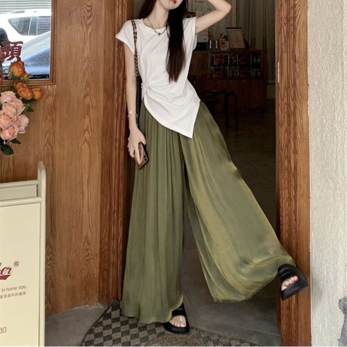 Flowing and Floating Green Casual Pants for Women - Summer 2025 High-Waisted Pleated Loose Wide-Legged Pants