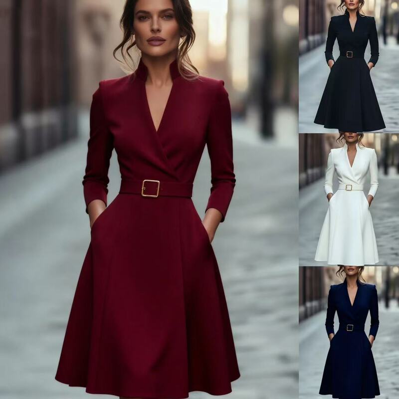 2025 Amazon Temu Hot-Selling European and American Export Solid Color Waist-Cinching V-Neck Long-Sleeved Autumn and Winter Dress for Women 2025 Amazon Temu Hot-Selling European and American Export Solid Color Waist-Cinching V-Neck Long-Sleeved Autumn and Winter Dress for Women