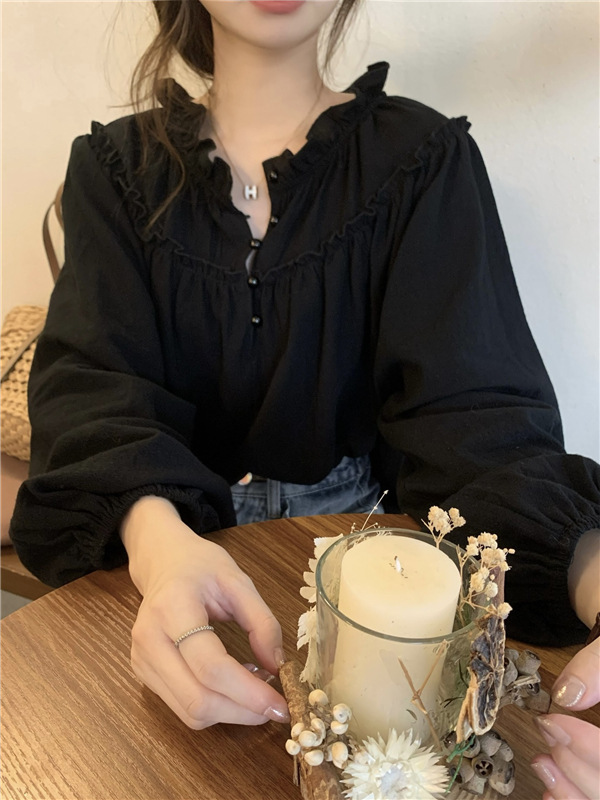 实拍 法式复古小众设计感上衣女装秋季泡泡袖chic边长袖衬衫88922|undefined