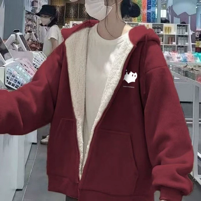 Плюшевый толстый свитер с капюшоном зимой новый свободный кашемир молния женский повседневный винно-красный котенок пальто