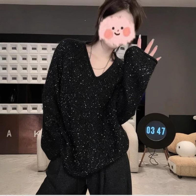 [Camiseta de fiesta] Suéter de manga larga con lentejuelas con cuello en v de otoño e invierno, top suelto de moda para mujer