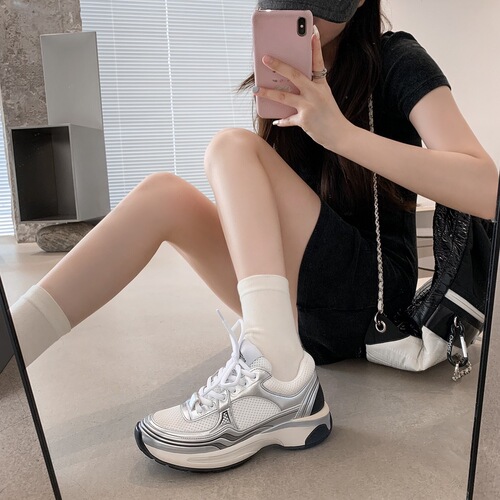 Silver Running Shoes for Women 2024 Spring New Chanel Style Silver Dragon King Sport Shoes Mesh Breathable Heel Lift Dad Shoes