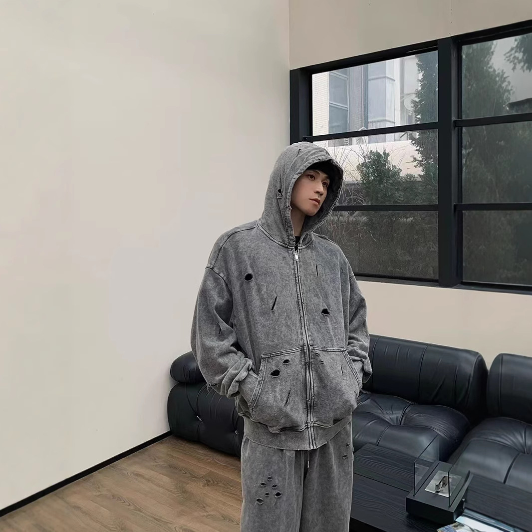 Amazon nuevo agujero sudadera con capuz hombre lavado con agua pesado suelto versátil pareja retro la misma camisa de moda