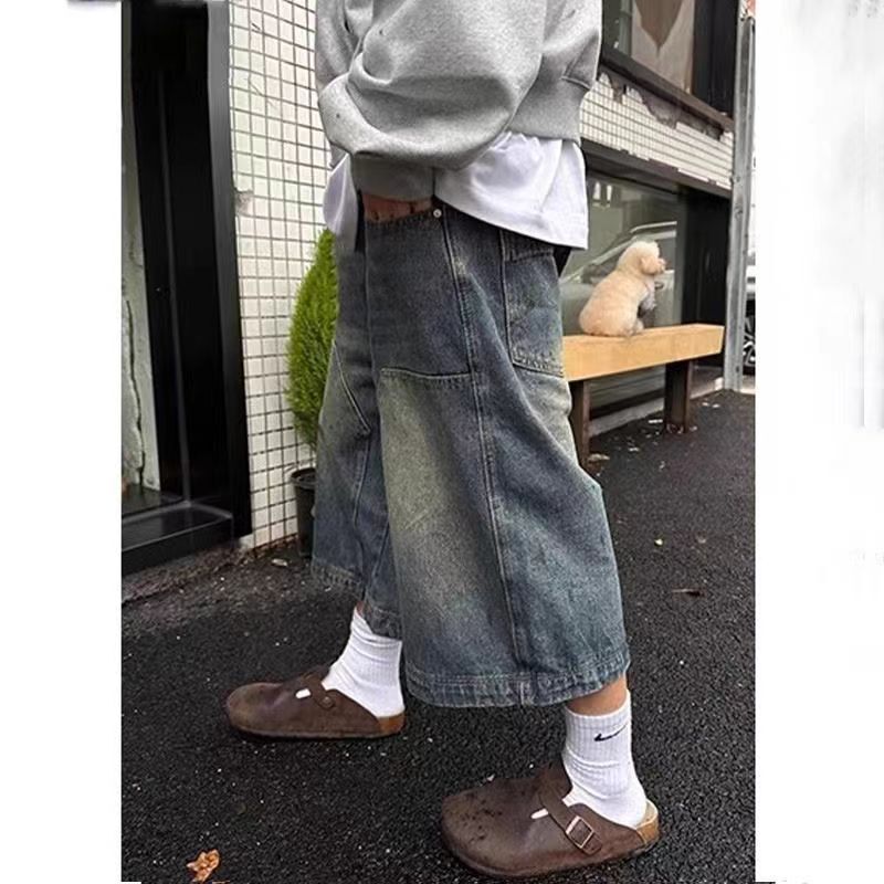 American Vintage Denim Shorts Men's and Women's Straight Wide-leg Pants Old Casual All-match Capri Pants Washed High Street Pants
