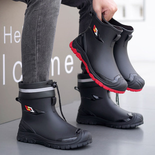 Men's mid-tube plus velvet thickened non-slip waterproof rain boots fishing rubber shoes wear-resistant working warm water shoes