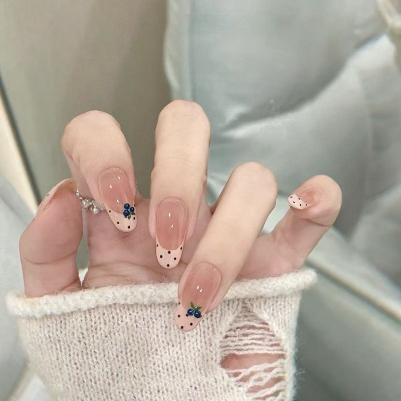 Handmade manicure press-on nails for a cool summer, French blueberry polka dot manicure, short detachable press-on nails that enhance skin tone