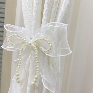 Ins Korean Curtain Straps Super Fairy Handmade Pearl Gauze Curtain Bow Princess Balcony Decoration Lace Straps