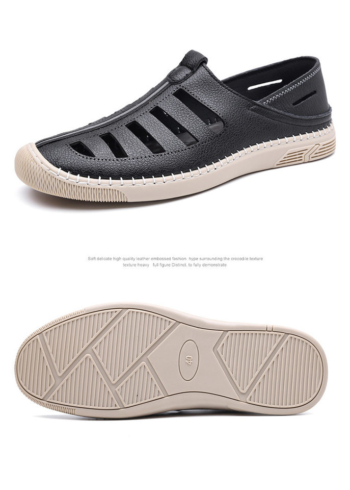 Giày lười sandal nam thoáng khí khoét lỗ, mũi tròn, đế cao su chống trượt — Màu nâu, màu đen chi tiết 19