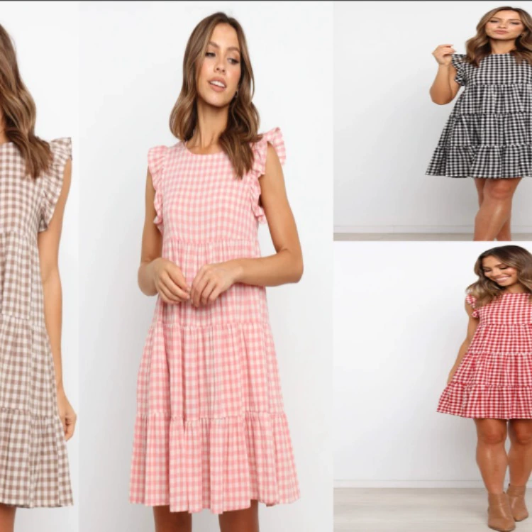 Трансграничная Внешняя торговля 2021 Европейский и американский AliExpress Amazon Клетчатая юбка без рукавов с круглым вырезом А-силуэтом Юбка-пуловер Свободная Талия