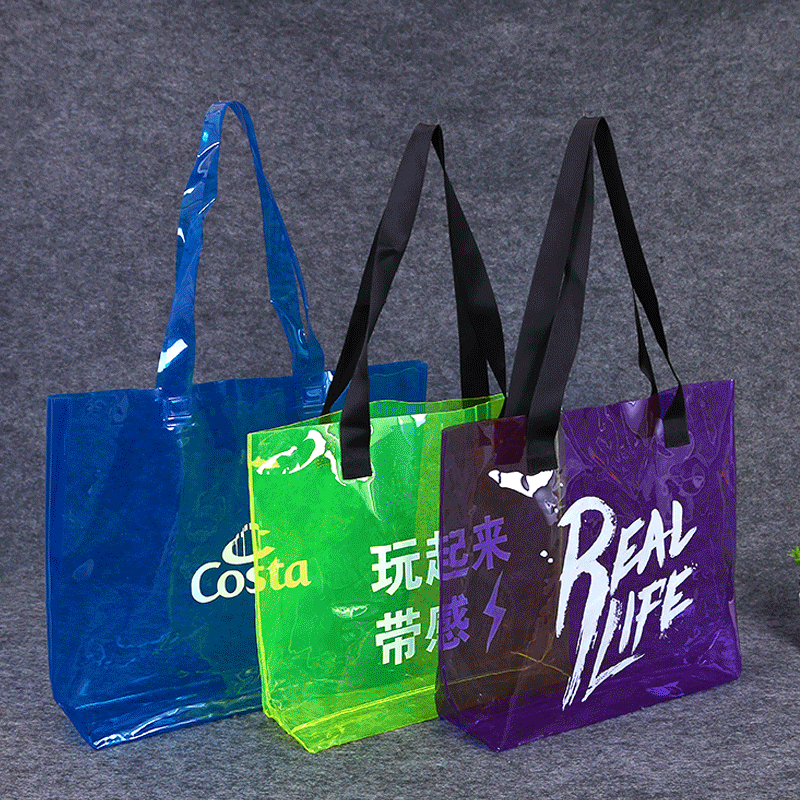 PVC果冻色购物单肩袋 软胶半透明塑料包装袋 镭射炫彩礼品手提袋