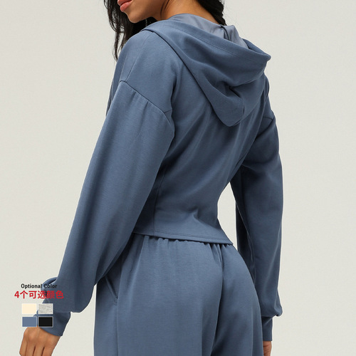 Autumn/Winter New Sports Windbreaker Zipper Hooded Casual Open Knit Sweatshirt with Pockets Loose Yoga Top for Women