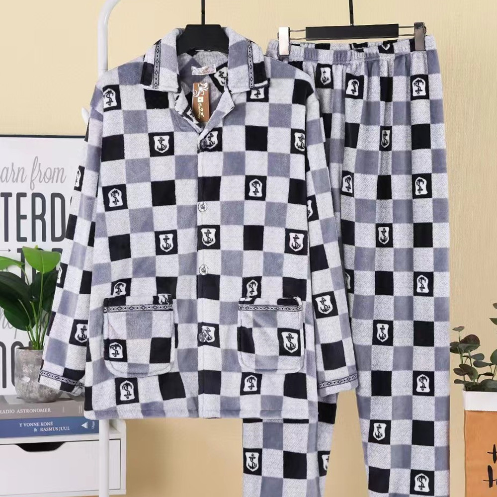 가을, 겨울 남성 잠옷 긴팔 중년 및 노인 남성 플란넬 가디건 겨울 두꺼운 따뜻한 캐주얼 홈웨어 세트