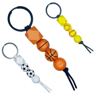 European and American new Monogram basketball football tennis baseball volleyball keychain wooden bead printed bracelet pendant