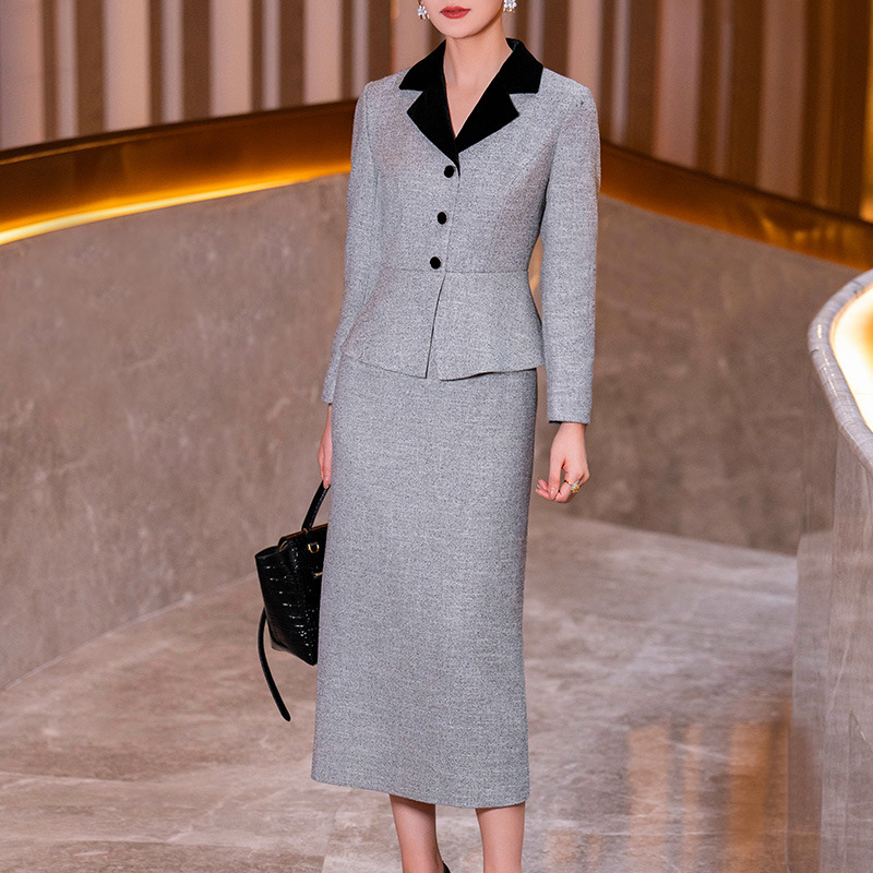 패션 원피스 여성의 2024 겨울 새로운 우아하고 세련된 회색 원피스 칼라 슬림핏 긴 소매 스커트