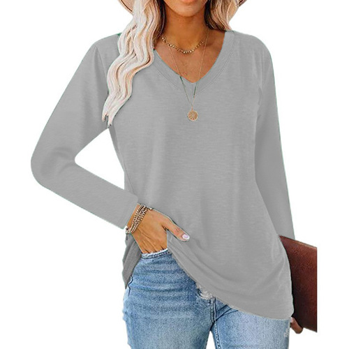 Autumn and winter European and American women's blouse long-sleeved V-neck elegant casual solid color T-shirt loose outer coat