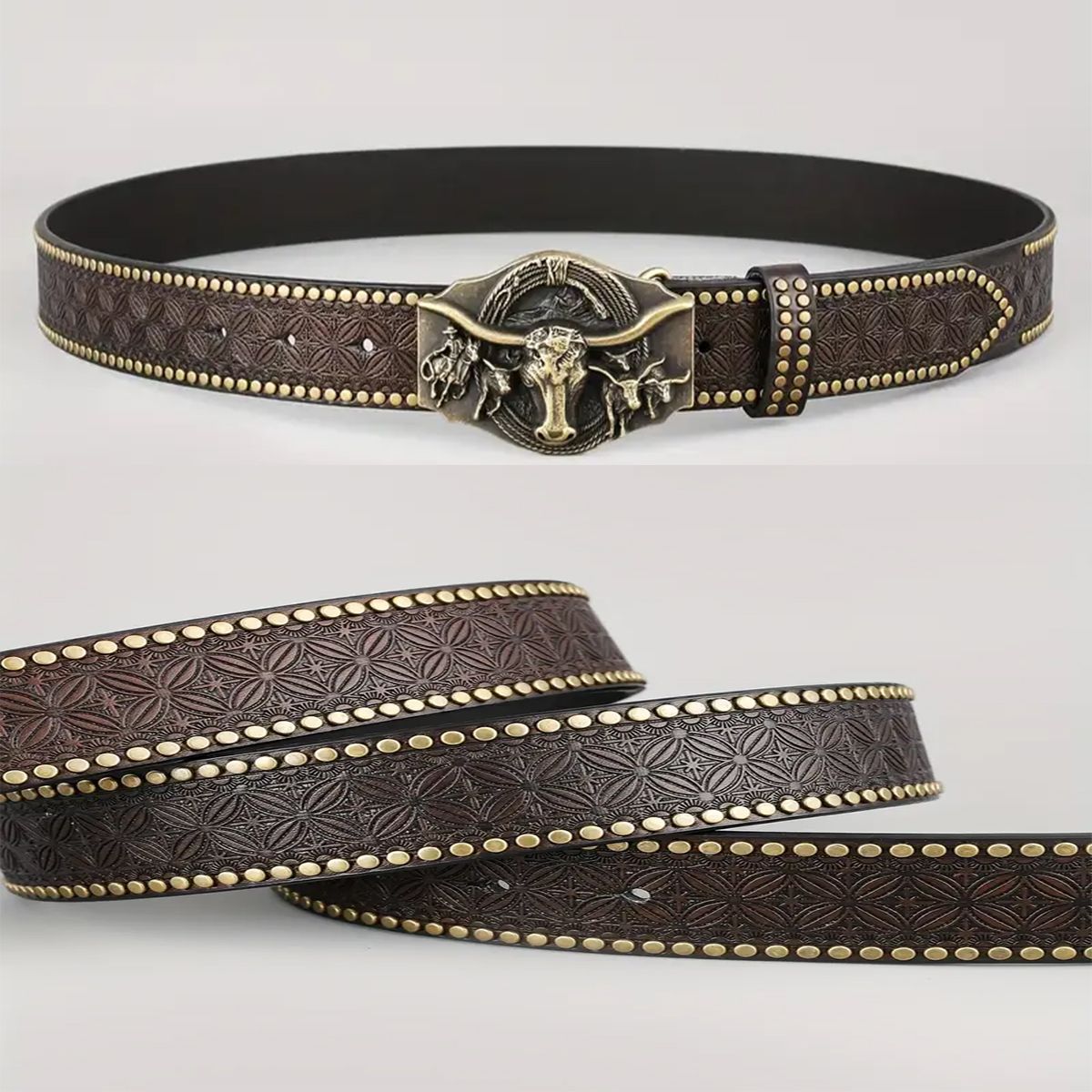 Western cowboy belt, youth punk style embossed men's studded leather belt, wholesale ethnic style belt in stock.