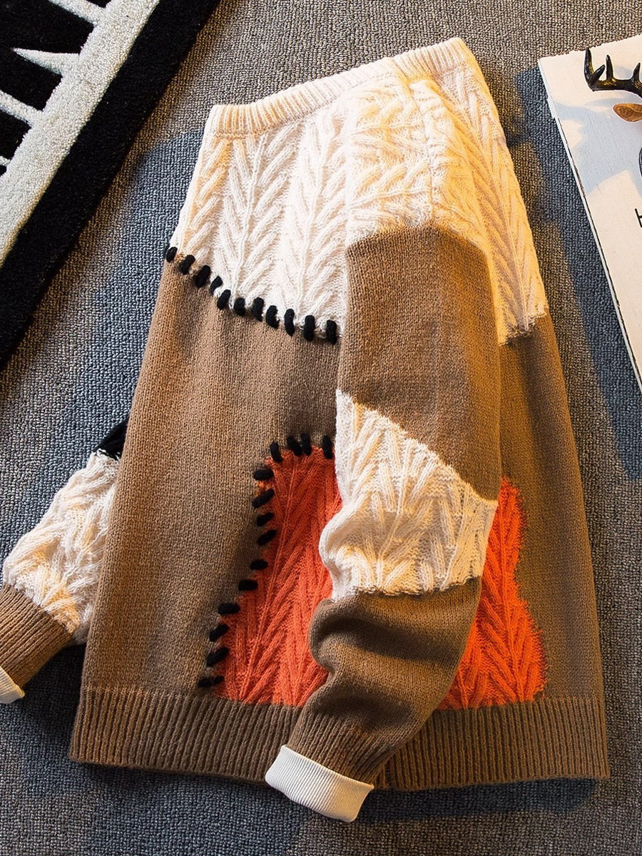 Costuras japonesas, contraste de color, moda, comercio exterior, pedidos japoneses, RC otoño e invierno, nuevos productos, suéter de punto de longitud media, oversize